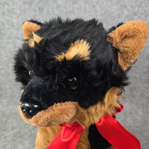 HugFun Rottweiler Dog Plush 14 Inch Brown Black Puppy Red Bow Stuffed Animal Toy - Picture 3 of 10
